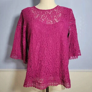 Laundry by Shelli Segal Small Bright Pink Sheer Floral Lace Lined Dressy Blouse